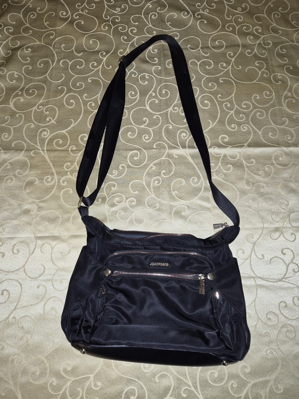 Joan & David Black Nylon Crossbody with Front Zip Pockets